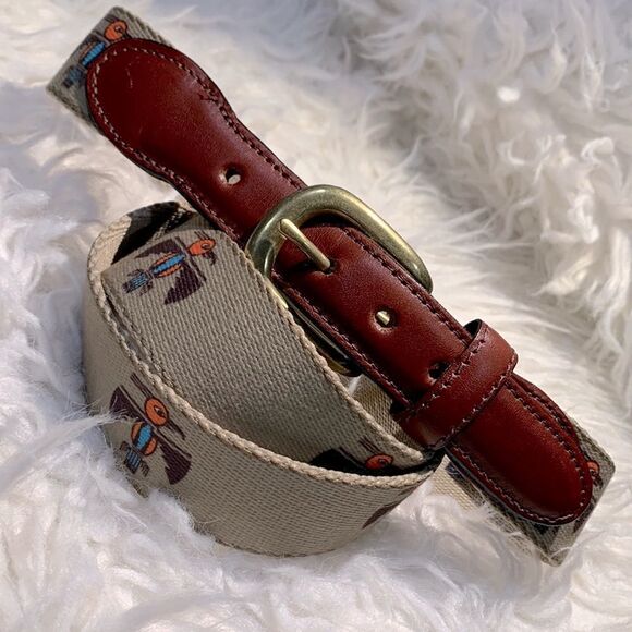THOMAS Bates Bird Design Fabric Belt Leather Trim 5 Holes Brass Buckle Size 40 - Picture 1 of 6
